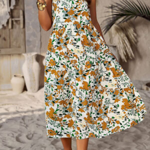 Spring and summer halter neck loose holiday multi-layer print dress